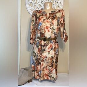 Freeway women’s dress XL floral mini tan brown split neck quarter sleeve suede